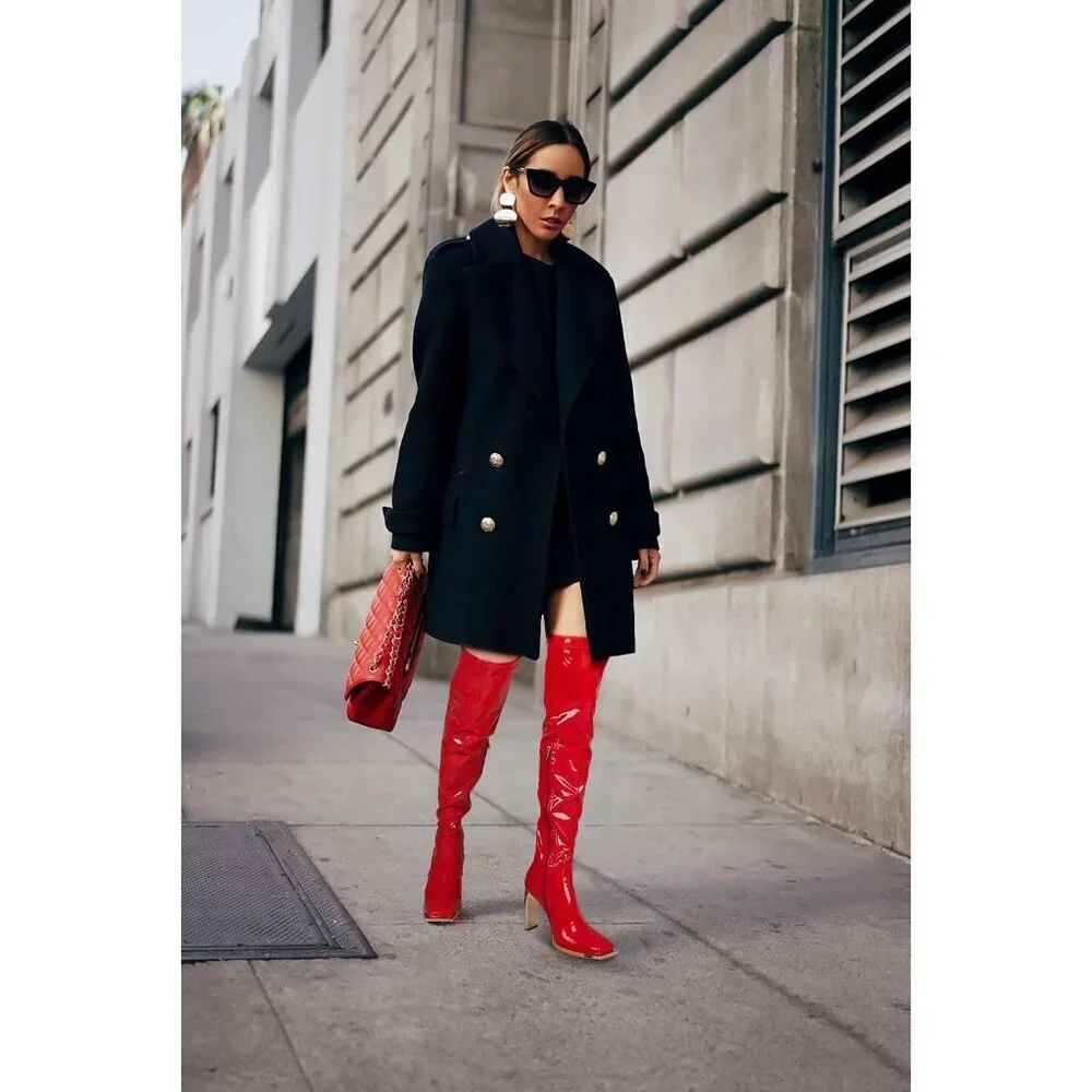 Women Qipired Synthetic Thigh High Latex Boots Square Toe Over The Knee Boots